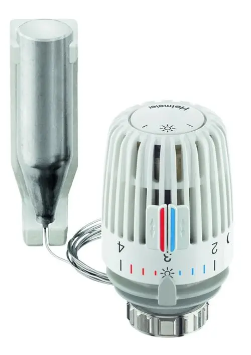 Thermostatkopf mit Fernfühler und Kapillarrohr, in weiß. Produkt von IMI Hydronic Engineering, zur Regelung der Heizkörpertemperatur.